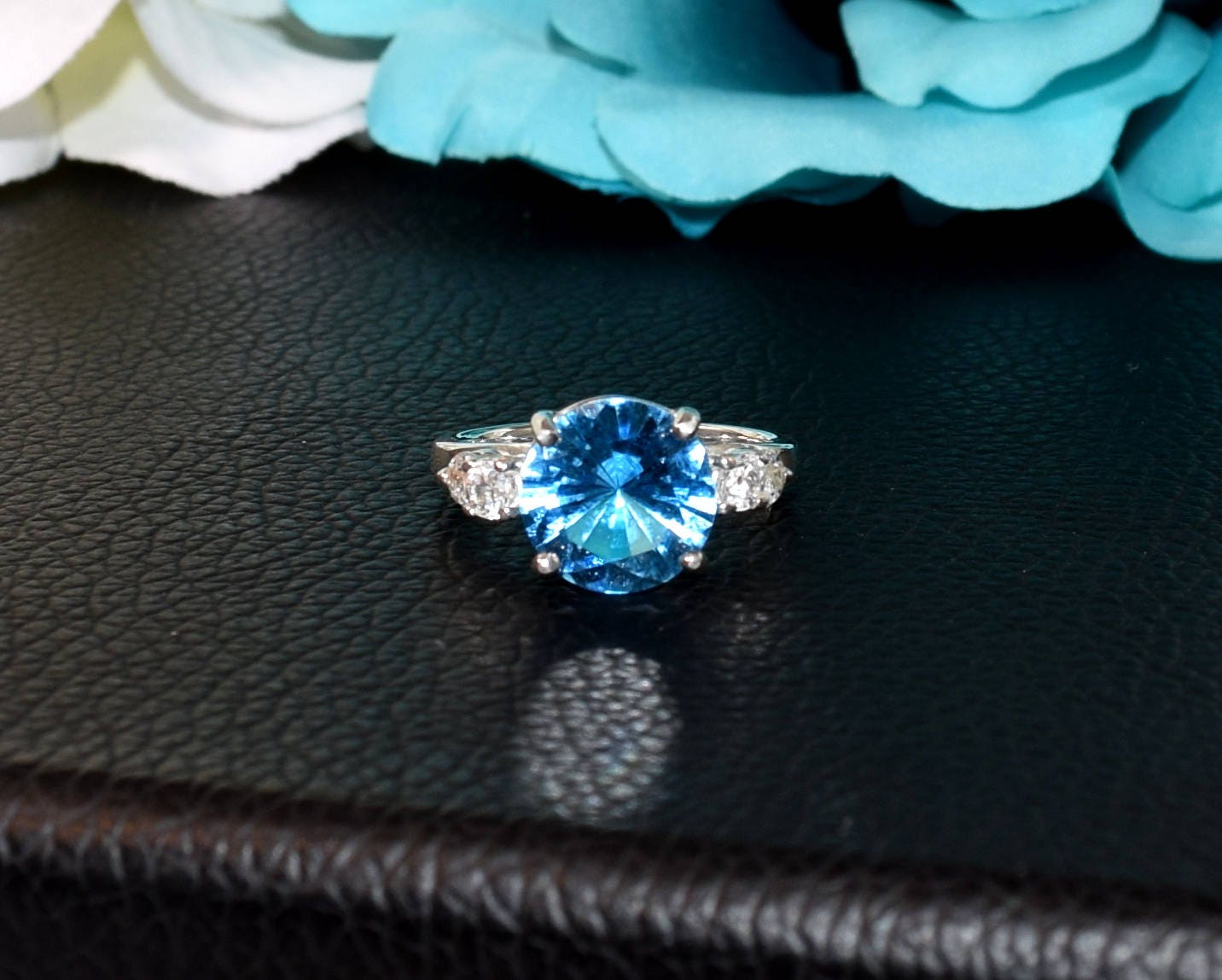 Swiss Blue Topaz Masterpiece! Genuine, Brazilian, Silver, Topaz Ring. 10mm, 4+ctw, Rare Concave Cut.  4 White Topaz Accents.