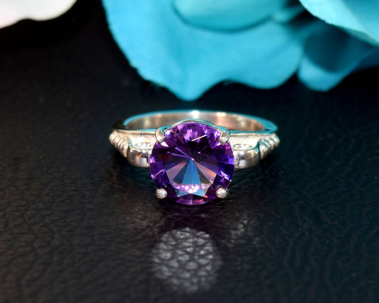 Fine Grade, Expertly Cut African Amethyst Gemstone! Genuine Fine Grade. Silver Scroll Ring. 10mm, Dia Cut, 2.8ctw, VVS-IF Clarity.