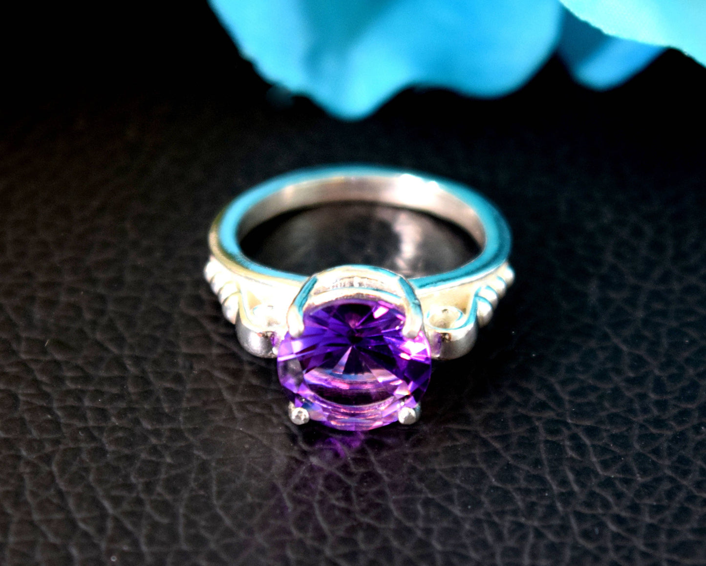 Fine Grade, Expertly Cut African Amethyst Gemstone! Genuine Fine Grade. Silver Scroll Ring. 10mm, Dia Cut, 2.8ctw, VVS-IF Clarity.