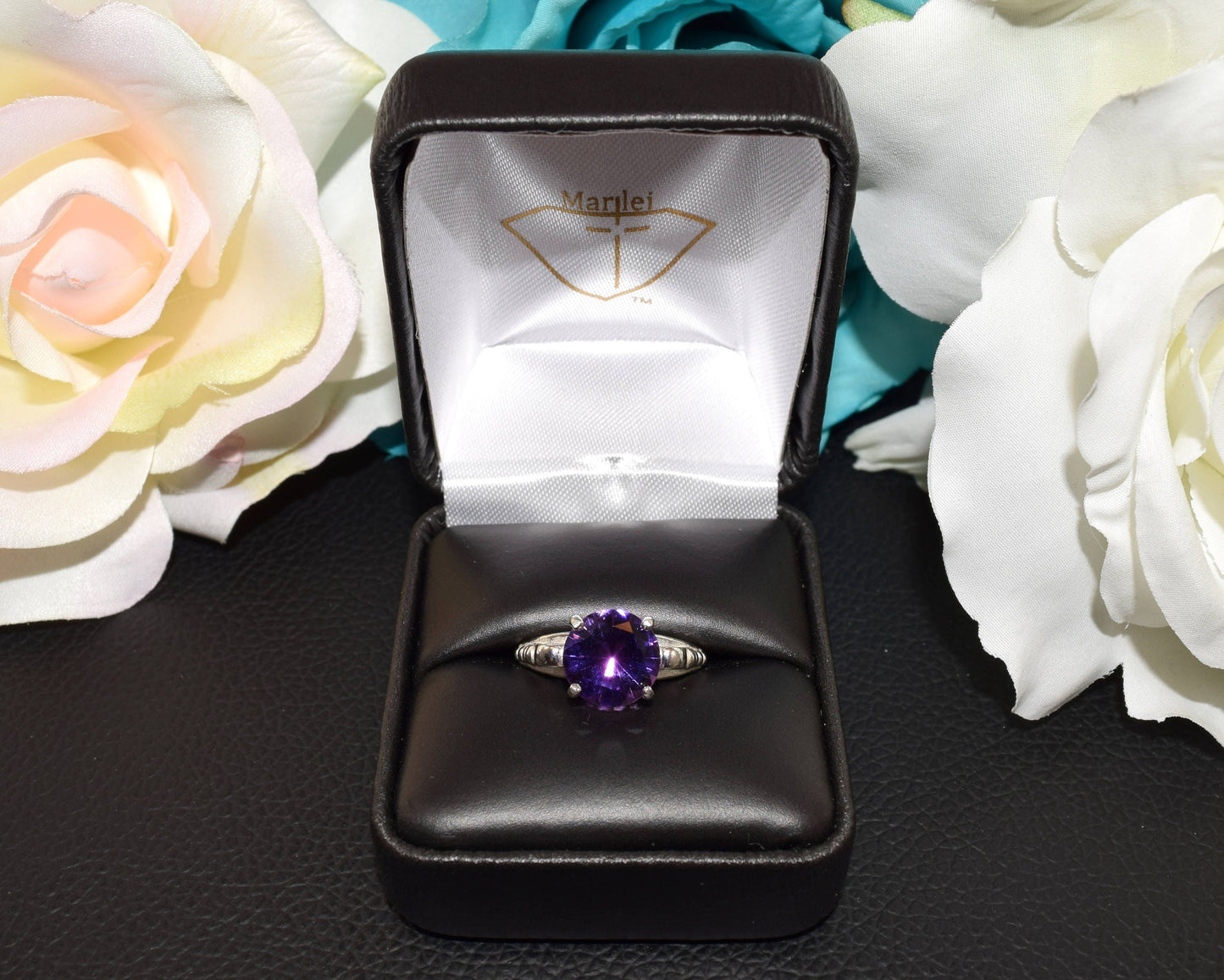 Fine Grade, Expertly Cut African Amethyst Gemstone! Genuine Fine Grade. Silver Scroll Ring. 10mm, Dia Cut, 2.8ctw, VVS-IF Clarity.