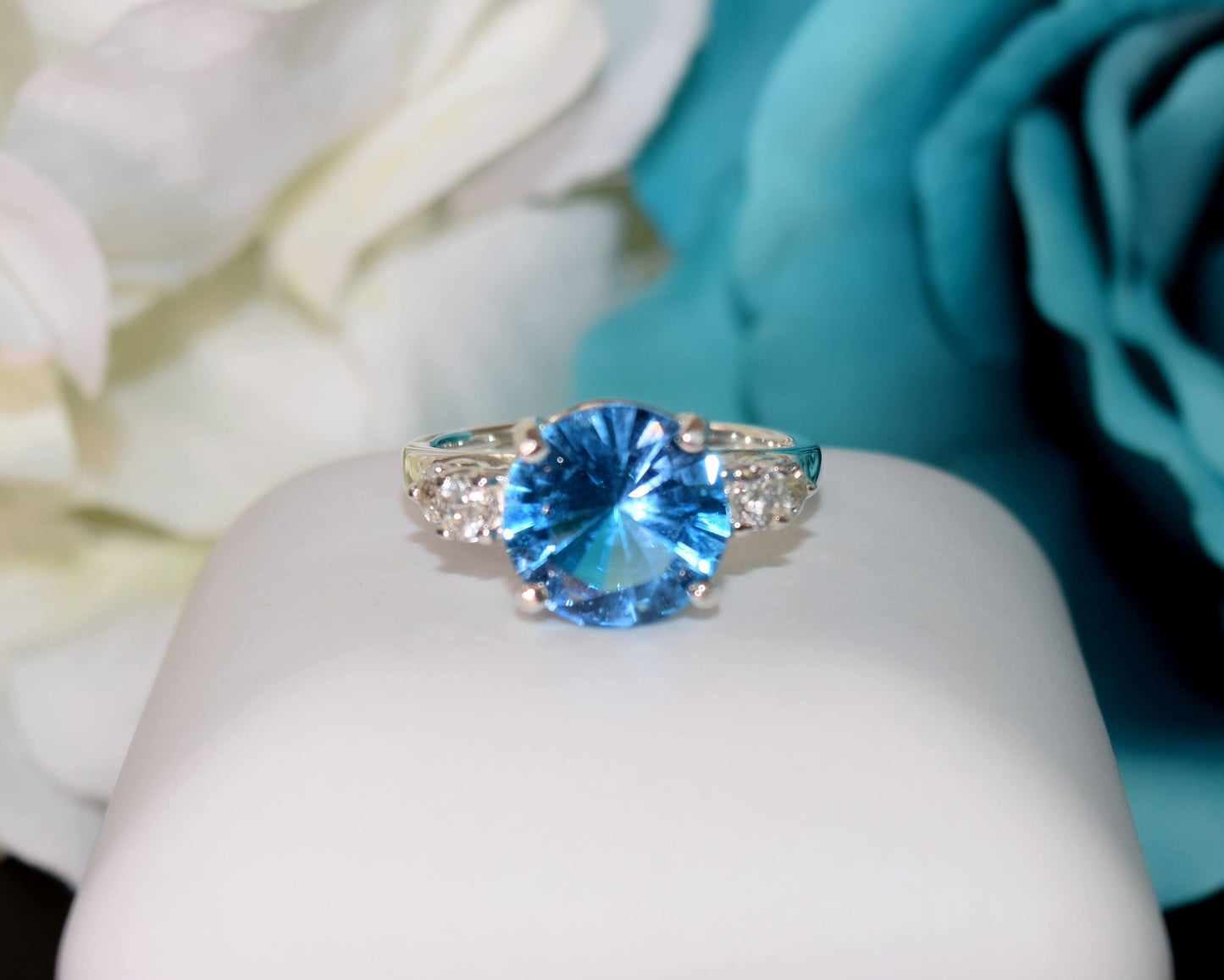 Swiss Blue Topaz Masterpiece! Genuine, Brazilian, Silver, Topaz Ring. 10mm, 4+ctw, Rare Concave Cut.  4 White Topaz Accents.