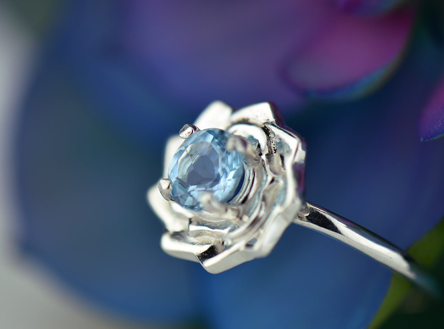 Sky Blue Lotus Flower Ring. Natural, 5mm Light Blue Topaz gemstone set in handmade premium silver ring.