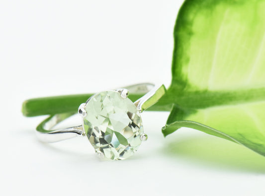 Sparkling Natural Prasiolite from Brazil, Sterling Silver, Solitaire Ring. Beautiful Light Green. 10mm x 8mm Oval Prasiolite.