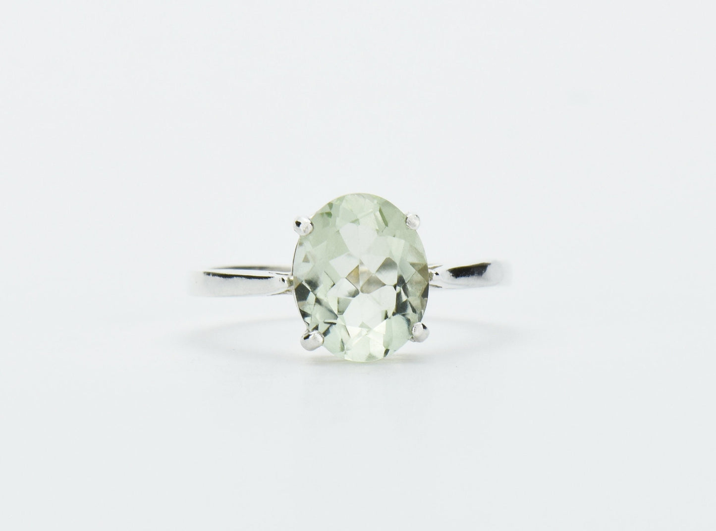 Sparkling Natural Prasiolite from Brazil, Sterling Silver, Solitaire Ring. Beautiful Light Green. 10mm x 8mm Oval Prasiolite.