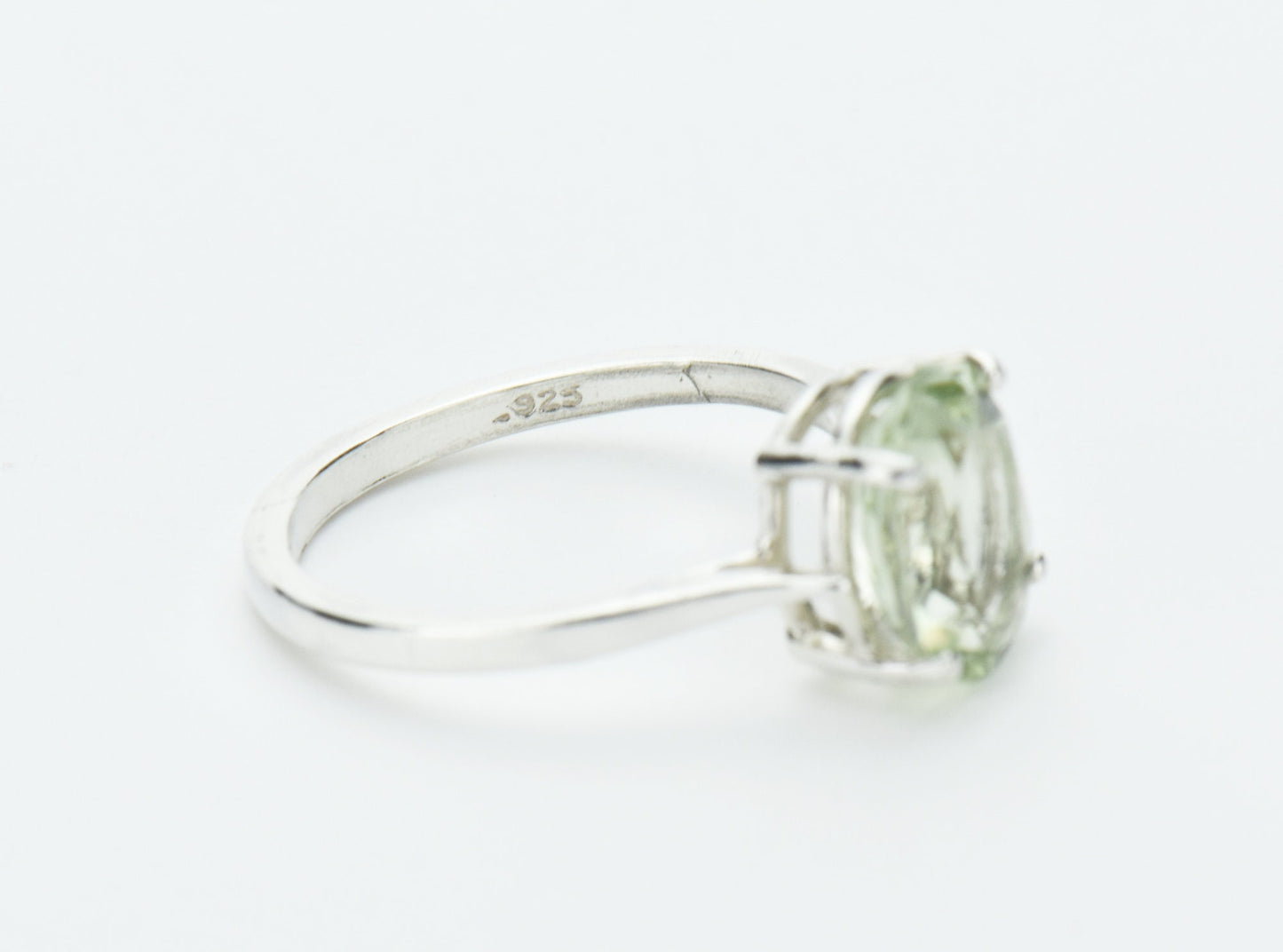 Sparkling Natural Prasiolite from Brazil, Sterling Silver, Solitaire Ring. Beautiful Light Green. 10mm x 8mm Oval Prasiolite.