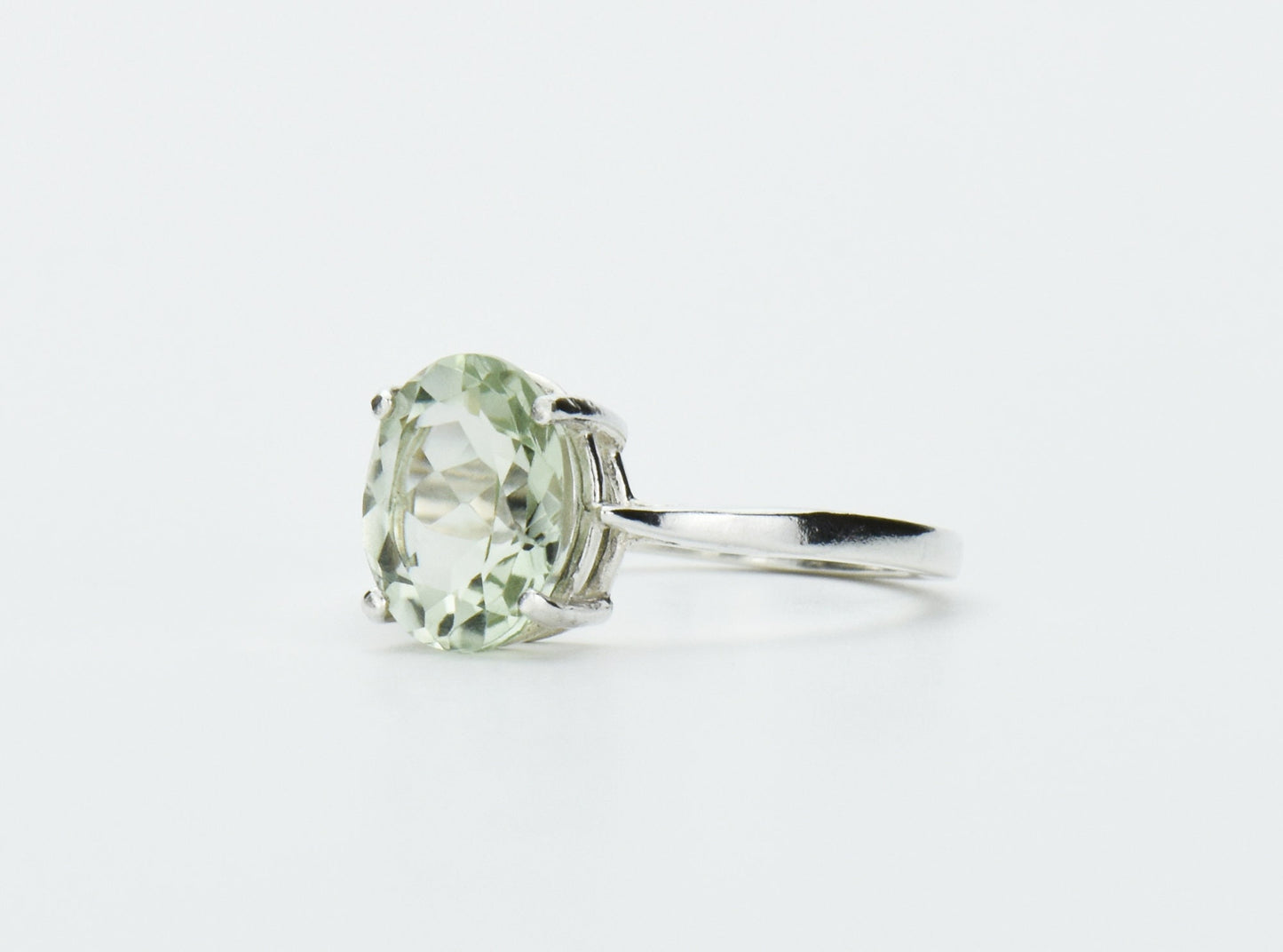 Sparkling Natural Prasiolite from Brazil, Sterling Silver, Solitaire Ring. Beautiful Light Green. 10mm x 8mm Oval Prasiolite.