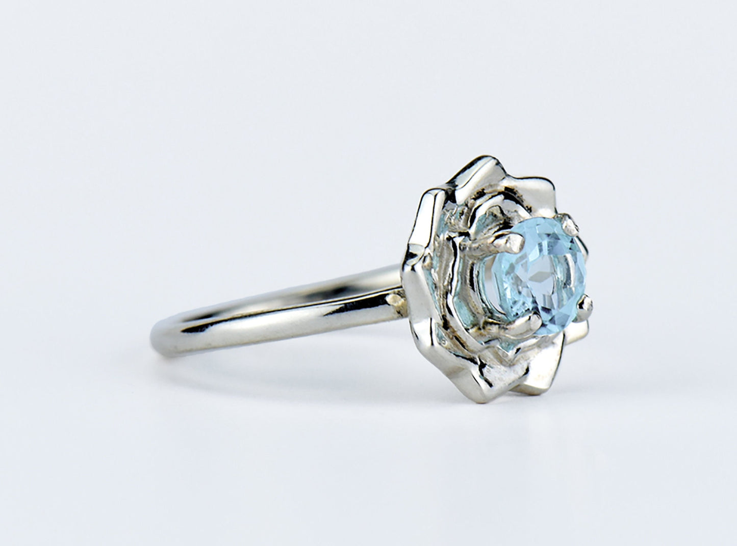 Sky Blue Lotus Flower Ring. Natural, 5mm Light Blue Topaz gemstone set in handmade premium silver ring.