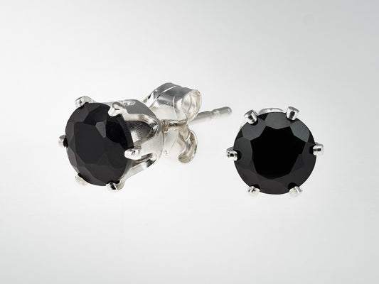 Black as night. Empty hole. Natural, 5mm round faceted onyx gemstones in sterling silver. Onyx Earrings.