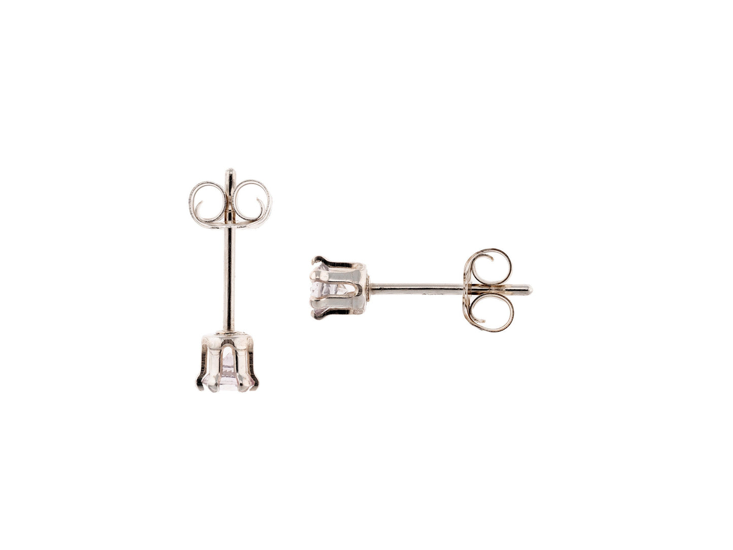 Natural White Sapphire Earrings - 3mm Diamond Cut, Ceylon, Sri Lanka. Sterling Silver, 6-Prong Studs.