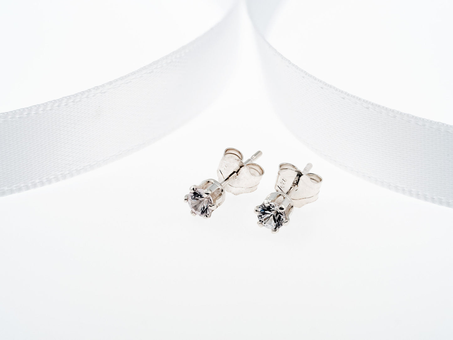 Natural White Sapphire Earrings - 3mm Diamond Cut, Ceylon, Sri Lanka. Sterling Silver, 6-Prong Studs.