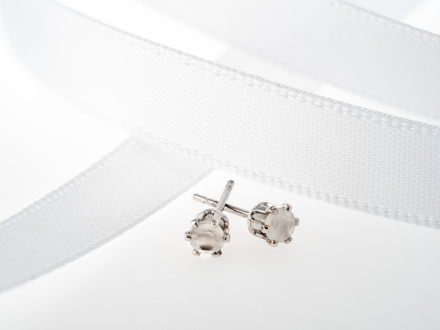 Hard to find Moonstone Earrings - 3mm, Faceted, Sterling Silver, 6-Prong Studs.  Ghost White / Opaque.