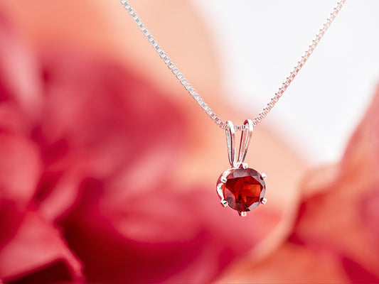 January Red, Mozambique Garnet Necklace. Round, 5mm, Gemstone in a 6-Prong, Sterling Silver Pendant.