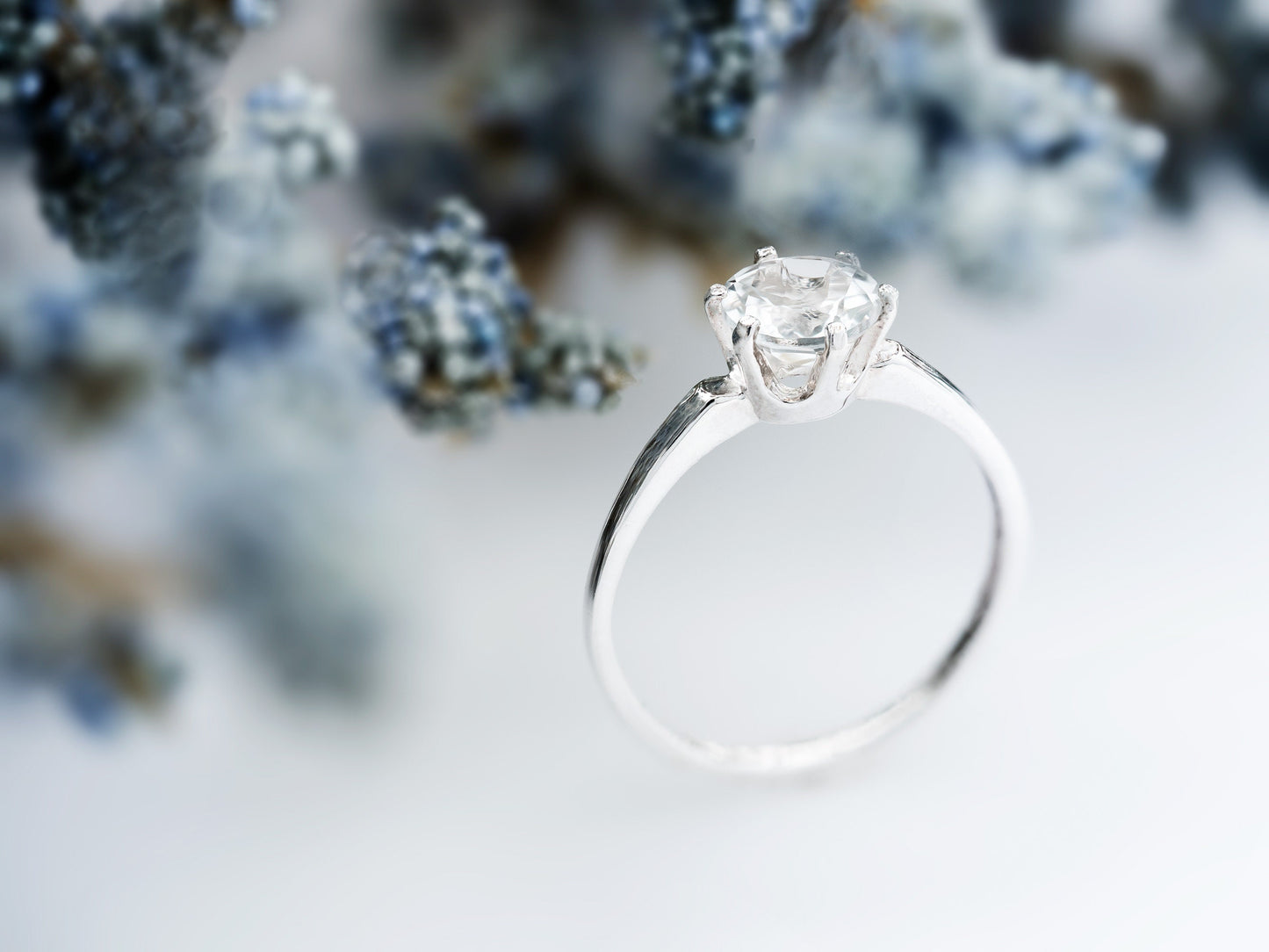 Sparkling White Topaz Solitaire Ring.  Sterling Silver. 6mm, Round, Faceted, Natural Topaz from Brazil.