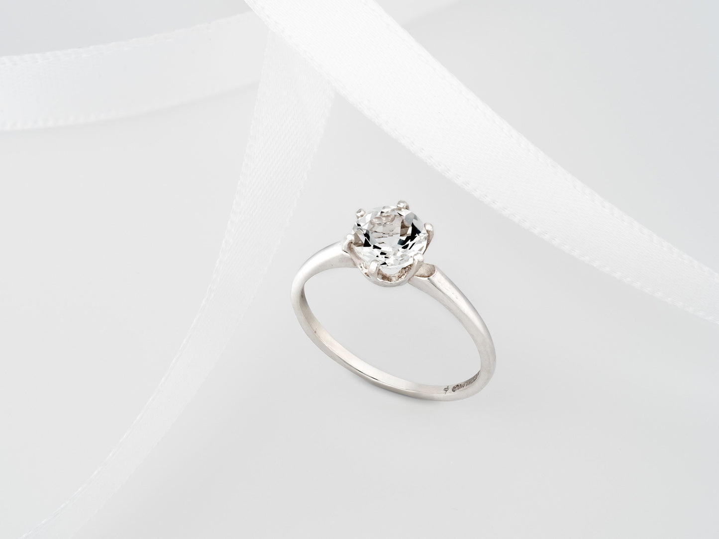 Sparkling White Topaz Solitaire Ring.  Sterling Silver. 6mm, Round, Faceted, Natural Topaz from Brazil.