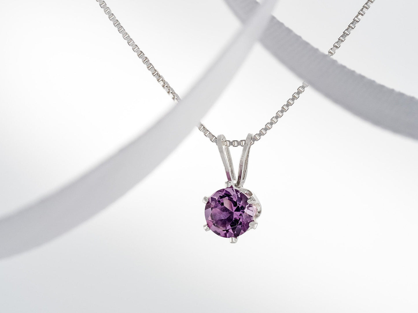 February Amethyst Necklace. Round, 5mm, Gemstone in a 6-Prong, Sterling Silver Pendant. Brazilian Purple.