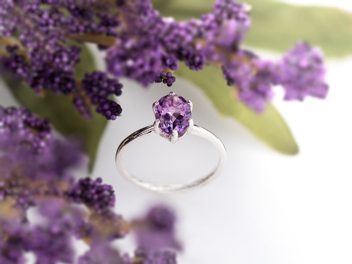 Stunning Natural 8x6mm Oval Brazilian Amethyst Solitaire Ring. February Birthstone Ring. Sparkling Purple! Classic Design.