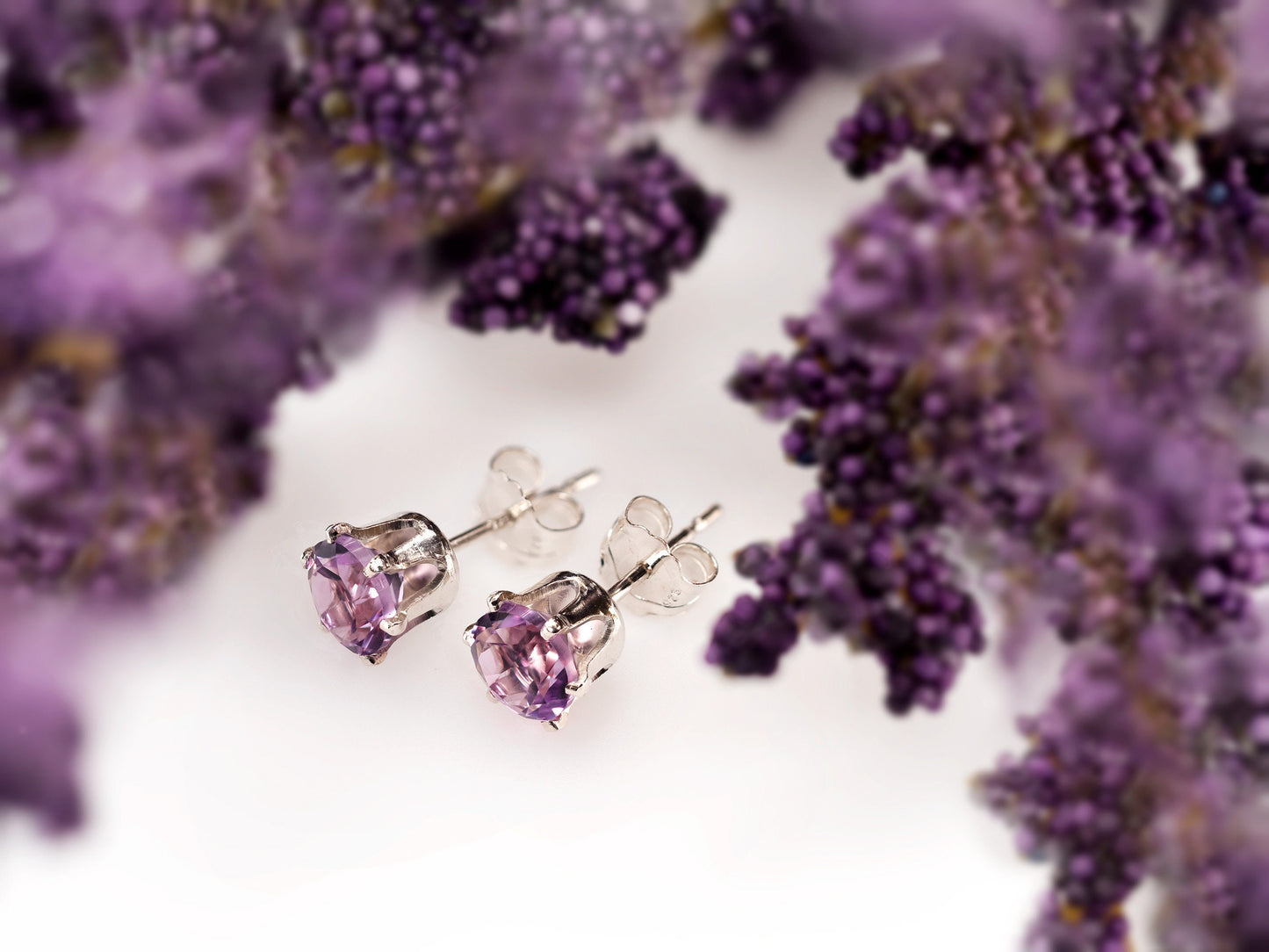 Sparkling Brazilian Purple! Natural Amethyst Earrings! Sterling Silver, 6-Prong Studs. 5mm round facet.