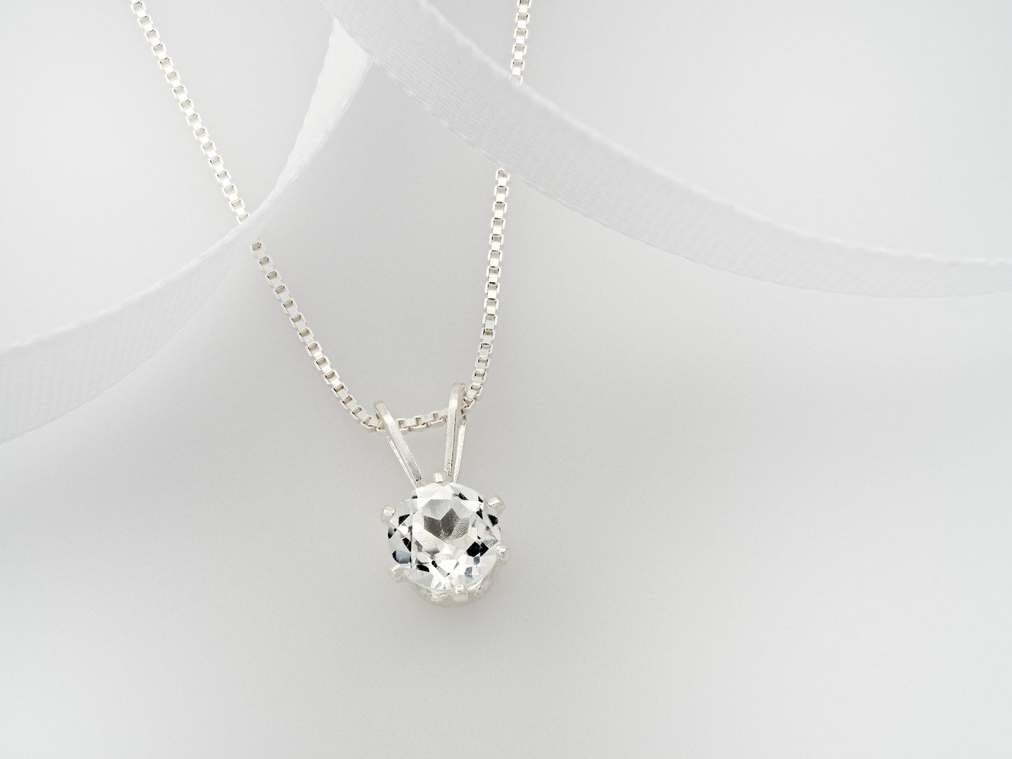 Classic White Topaz Necklace. Round, 5mm, Natural Brazilian Gemstone in a 6-Prong, Sterling Silver Pendant.