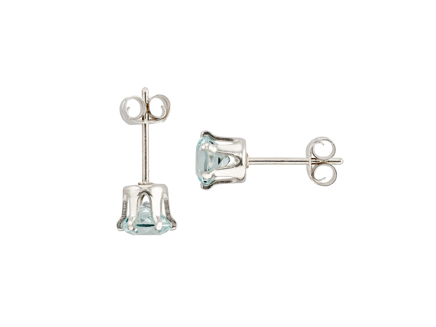 Light Blue Green Aquamarine. Natural, 5mm Round, Brazilian Aquamarine Earrings! Sterling Silver, 6-Prong Studs.