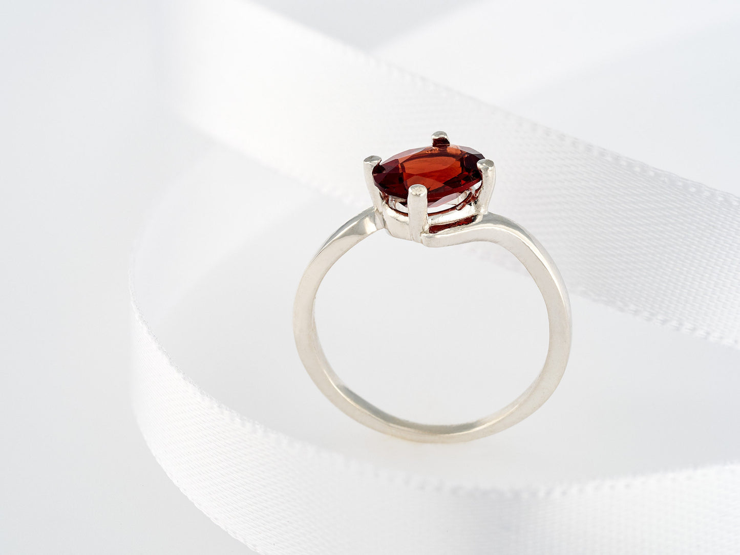 Gorgeous Almandine Garnet Ring. Sterling Silver, Oval Faceted, 8x6mm. Moderate to dark Red. Offset style, premium silver.