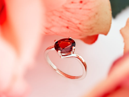 Gorgeous Almandine Garnet Ring. Sterling Silver, Oval Faceted, 8x6mm. Moderate to dark Red. Offset style, premium silver.