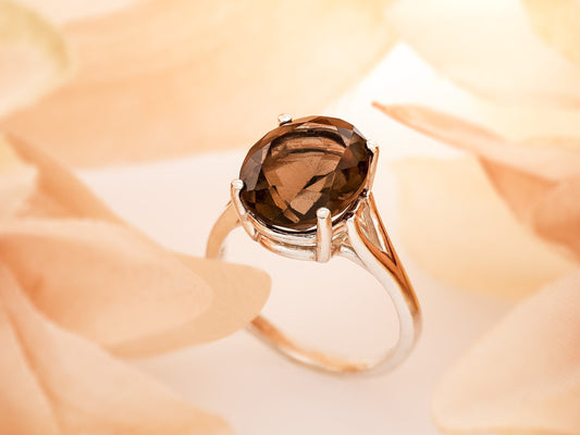 Large, Natural, Smoky Quartz Solitaire Ring.  Beautiful Brazilian Brown!  Sterling (925) Silver.  12x10mm Oval, 3.8 Carat.