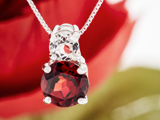 Natural red garnet and Brazilian white topaz pendant necklace. 8mm and 5mm round, faceted, gemstones.