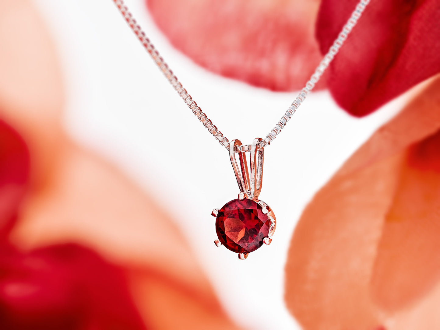 January Red, Mozambique Garnet Necklace. Round, 5mm, Gemstone in a 6-Prong, Sterling Silver Pendant.