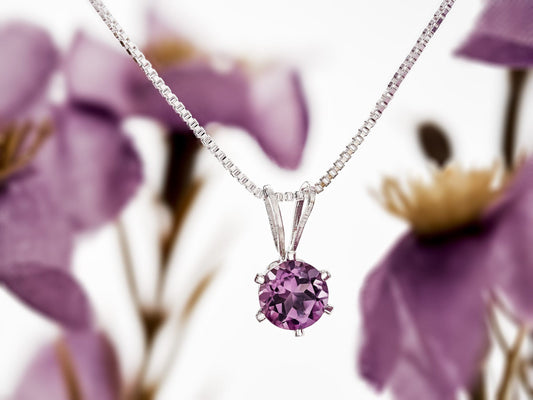 February Amethyst Necklace. Round, 5mm, Gemstone in a 6-Prong, Sterling Silver Pendant. Brazilian Purple.