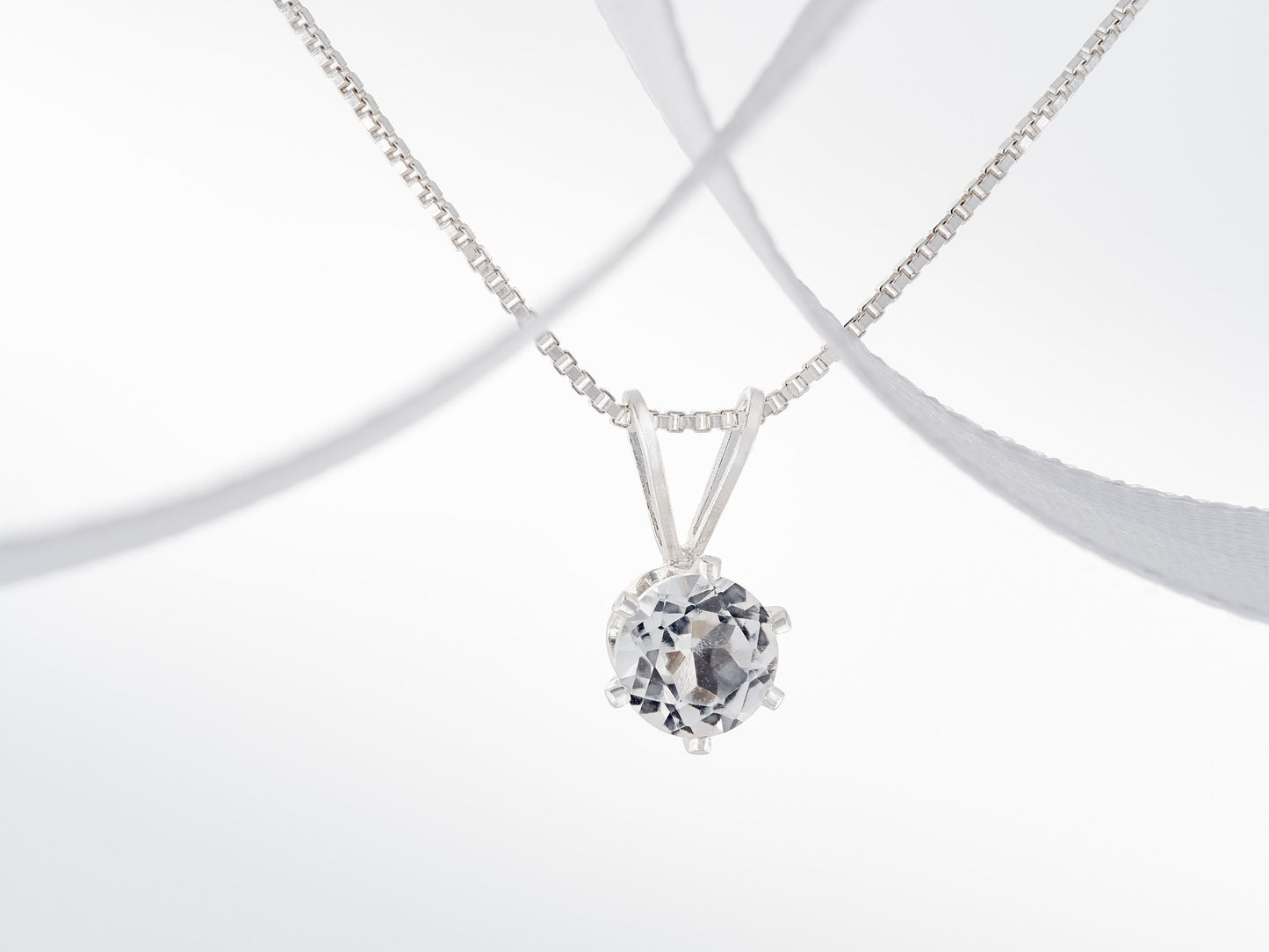 Classic White Topaz Necklace. Round, 5mm, Natural Brazilian Gemstone in a 6-Prong, Sterling Silver Pendant.