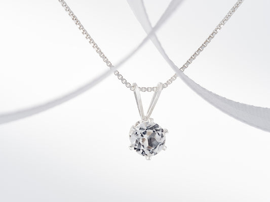 Classic White Topaz Necklace. Round, 5mm, Natural Brazilian Gemstone in a 6-Prong, Sterling Silver Pendant.