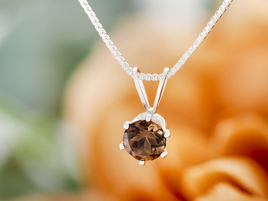 Beautiful brown smoky quartz necklace from Brazil!  5mm, round, natural Brazilian gemstone in a 6-Prong, Sterling Silver Pendant.