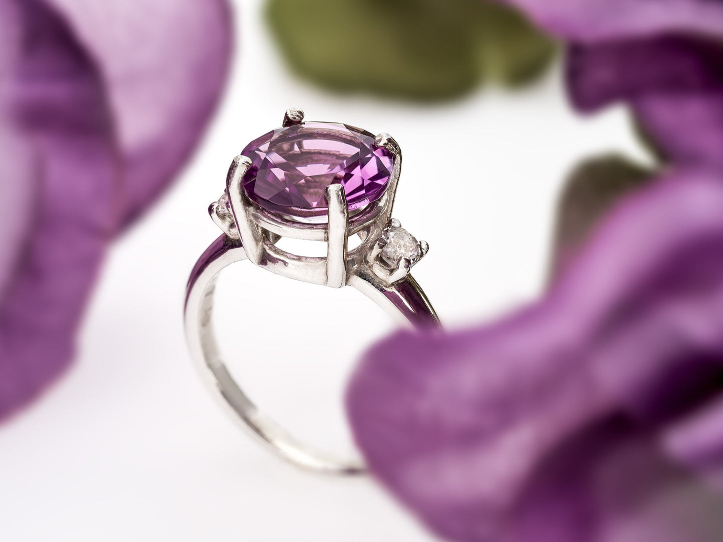 Rare Brazilian Amethyst Ring (smooth band), from our Minas Gerais Collection. 10mm, Dia Cut, 3ctw, VVS-IF.  White Topaz Accents.