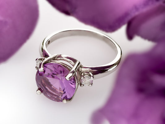 Rare Brazilian Amethyst Ring (smooth band), from our Minas Gerais Collection. 10mm, Dia Cut, 3ctw, VVS-IF.  White Topaz Accents.