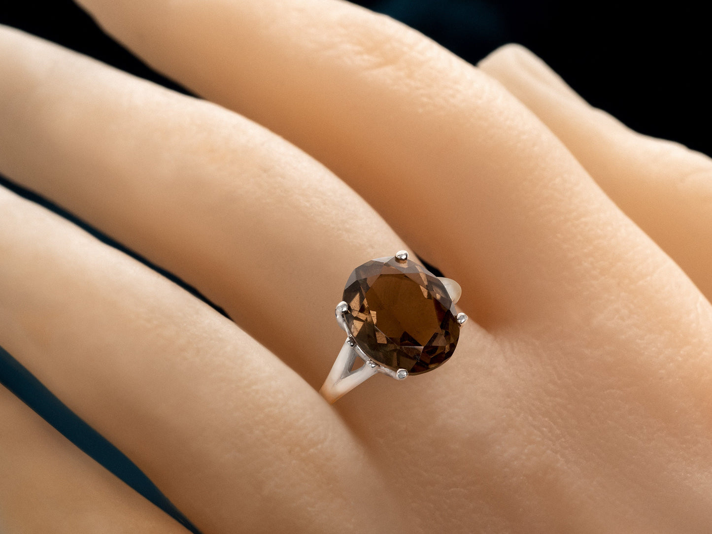 Large, Natural, Smoky Quartz Solitaire Ring.  Beautiful Brazilian Brown!  Sterling (925) Silver.  12x10mm Oval, 3.8 Carat.