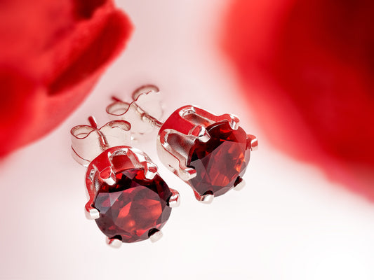 Striking Mozambique Garnet Earrings!  Dark Red, Natural, 6mm Round Cut.  Sterling Silver, 6-Prong Earrings.