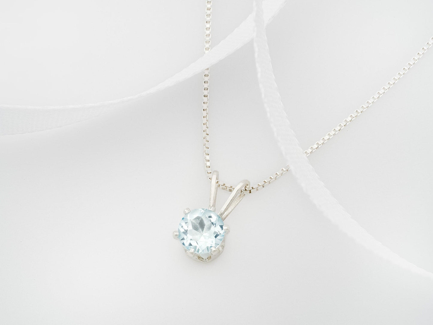 Very Light Blue Aquamarine Necklace. 5mm Round Natural Brazilian Gemstone, 6-Prong, Sterling Silver Pendant.