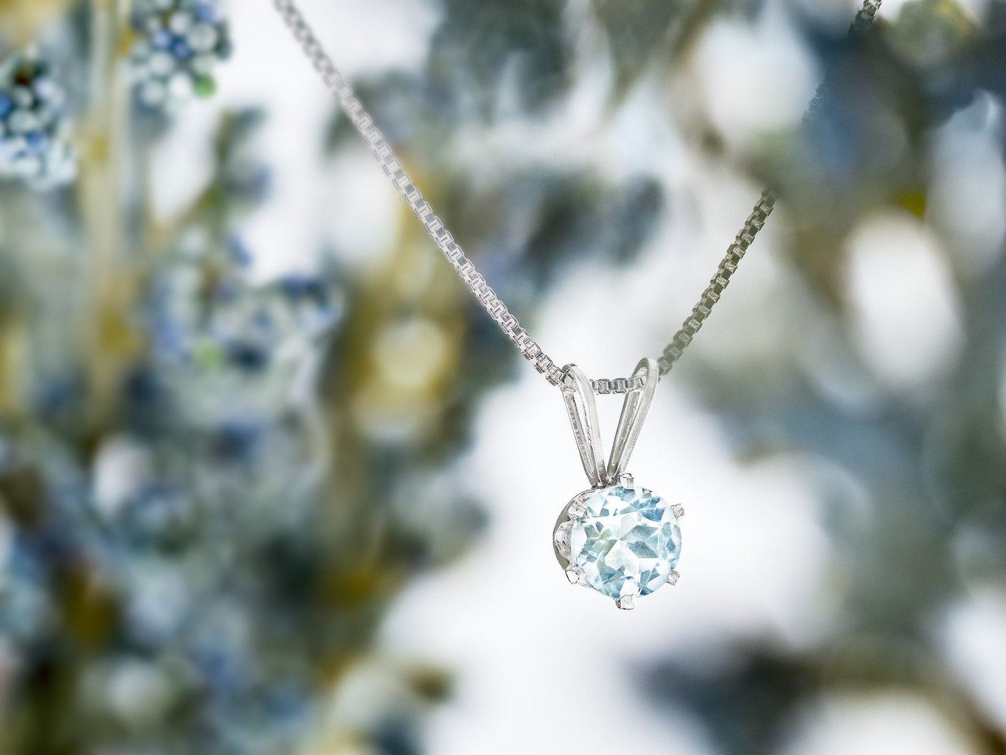 Very Light Blue Aquamarine Necklace. 5mm Round Natural Brazilian Gemstone, 6-Prong, Sterling Silver Pendant.