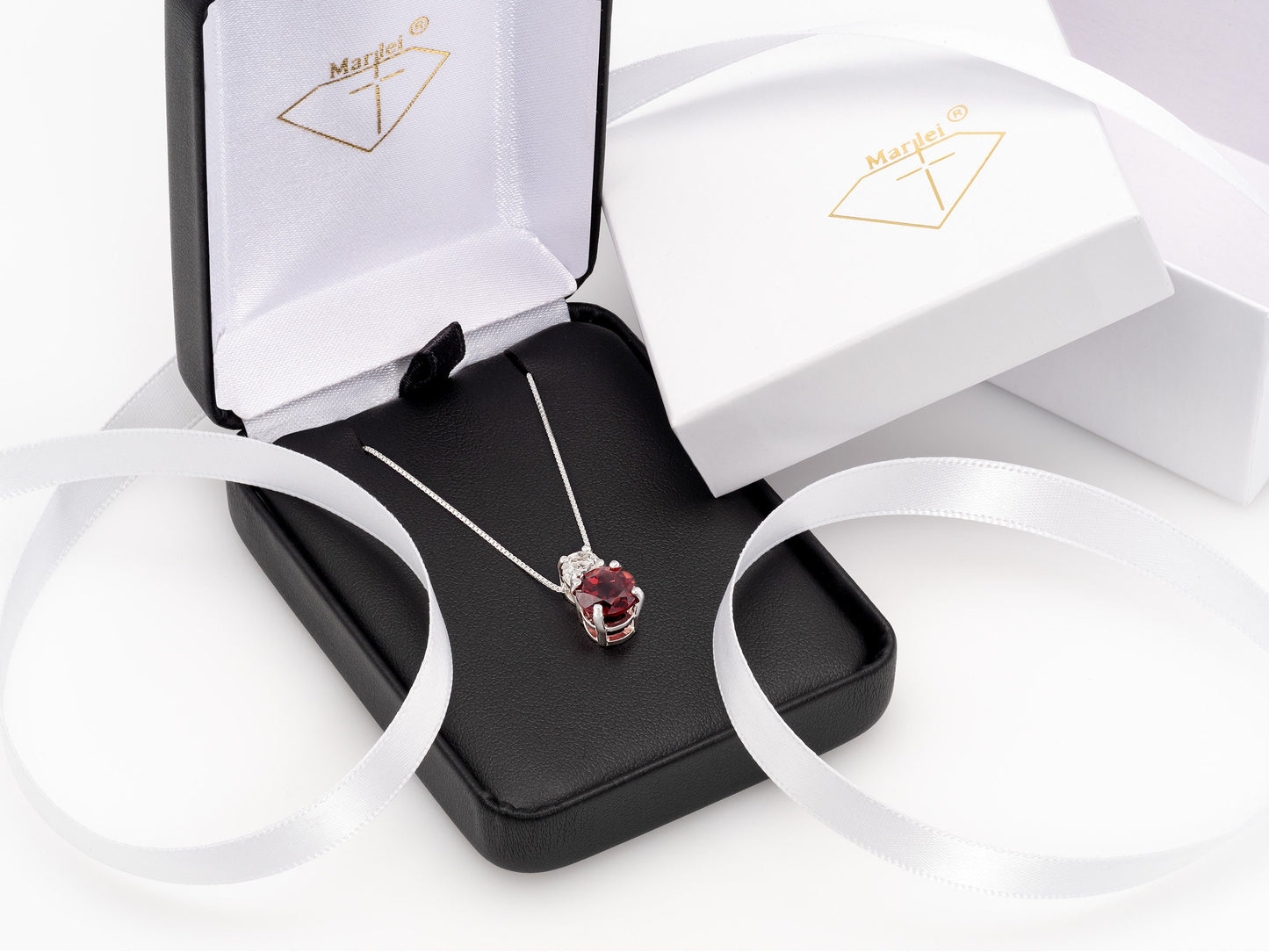 Natural red garnet and Brazilian white topaz pendant necklace. 8mm and 5mm round, faceted, gemstones.