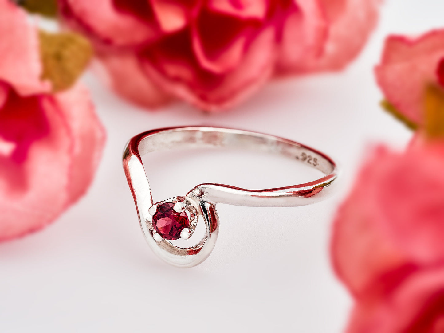 Natural Rhodolite Garnet Silver Ring! Pink, Purple, Red. January Birthstone. Half Heart. 3mm, Round, Faceted.