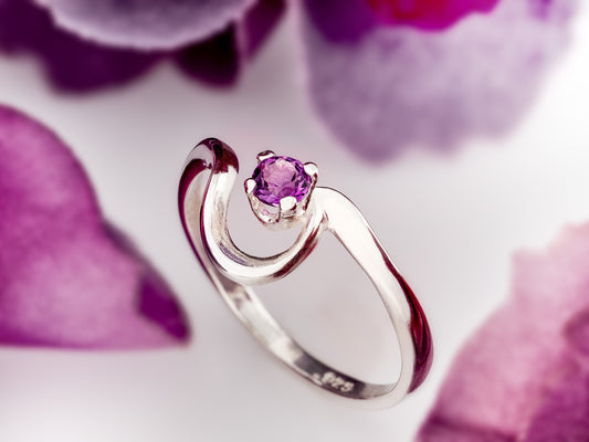 Natural African Amethyst February Birthstone Ring! Half Heart style. 3mm, Round, Faceted, Purple, African Amethyst. Silver.