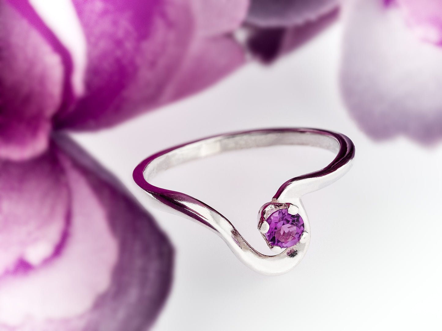 Natural African Amethyst February Birthstone Ring! Half Heart style. 3mm, Round, Faceted, Purple, African Amethyst. Silver.