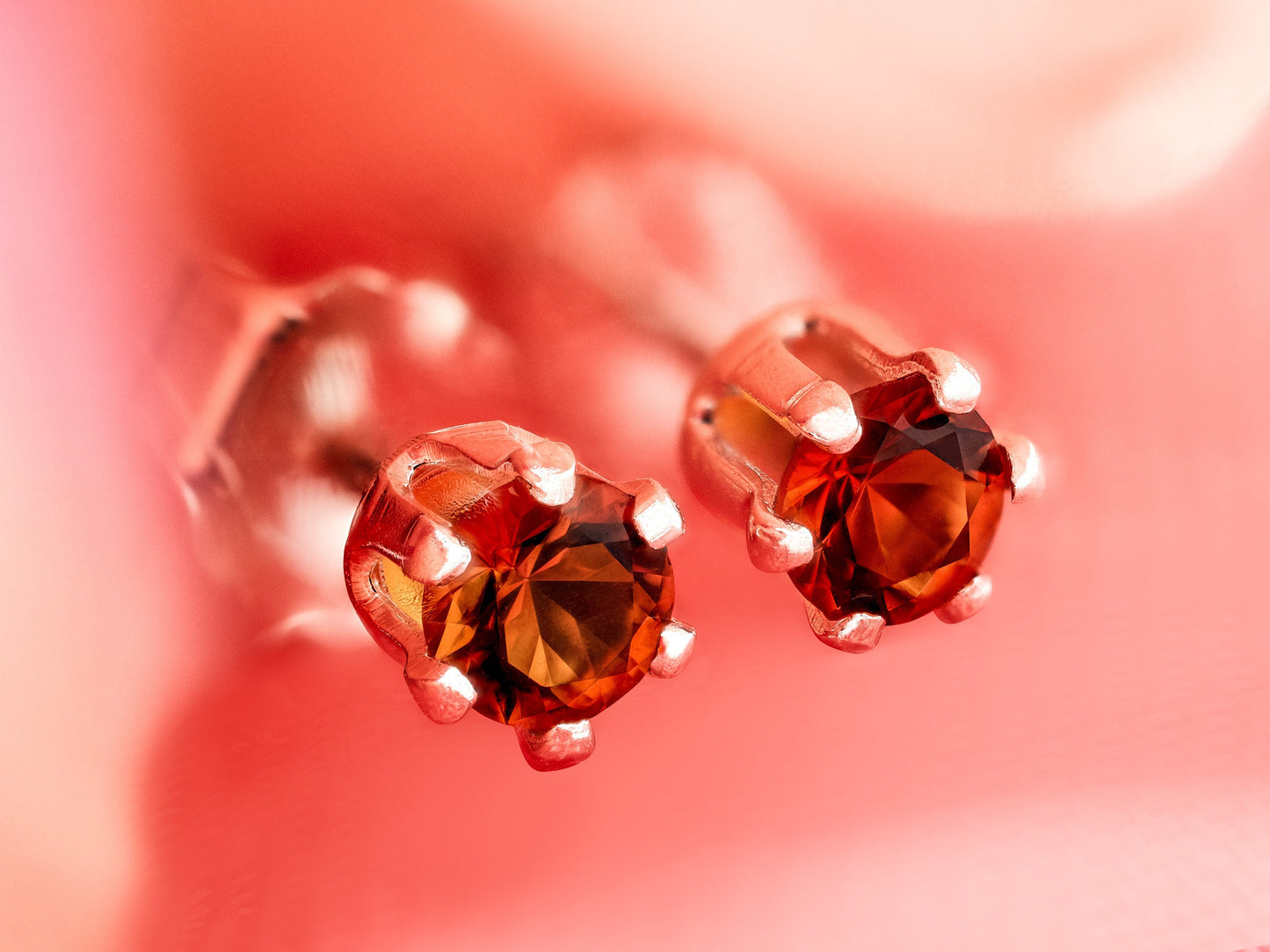 Rare Spessartite Garnet Earrings!  Reddish Orange, Natural, 3mm, Round Cut.  Sterling Silver, 6-Prong Earrings.