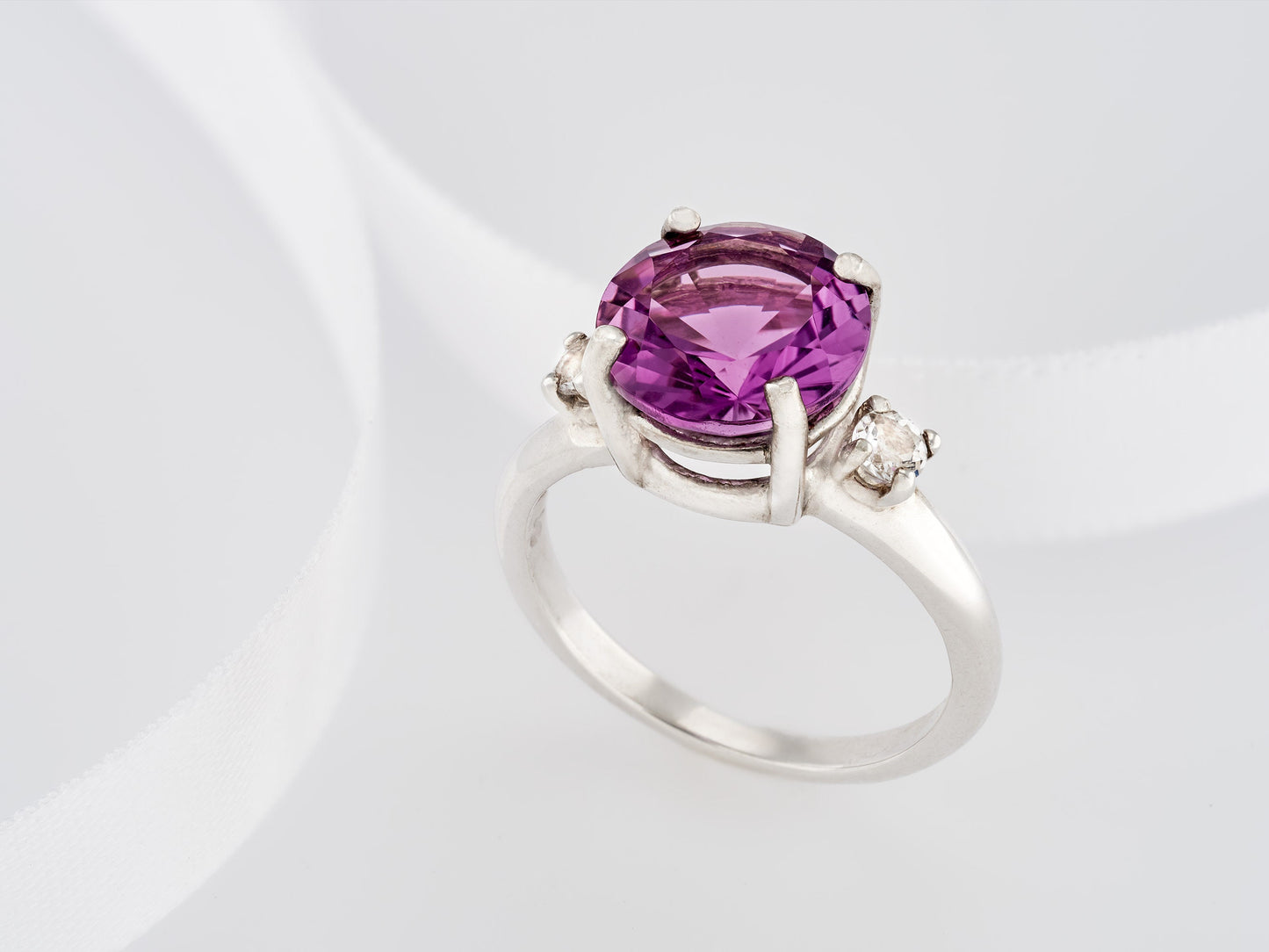 Rare Brazilian Amethyst Ring (smooth band), from our Minas Gerais Collection. 10mm, Dia Cut, 3ctw, VVS-IF.  White Topaz Accents.