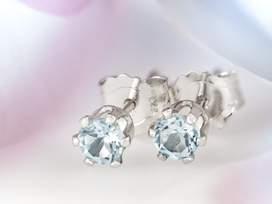 Elegant Sky Blue Topaz Earrings - 3mm Diamond Cut.  Bright Gemstones.  Sterling Silver, 6-Prong Studs.