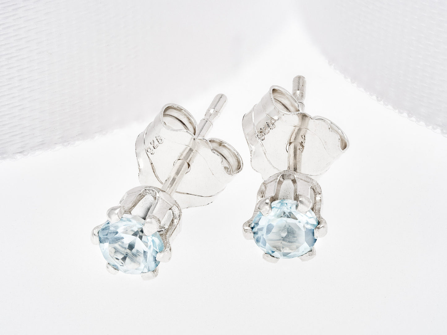 Elegant Sky Blue Topaz Earrings - 3mm Diamond Cut.  Bright Gemstones.  Sterling Silver, 6-Prong Studs.