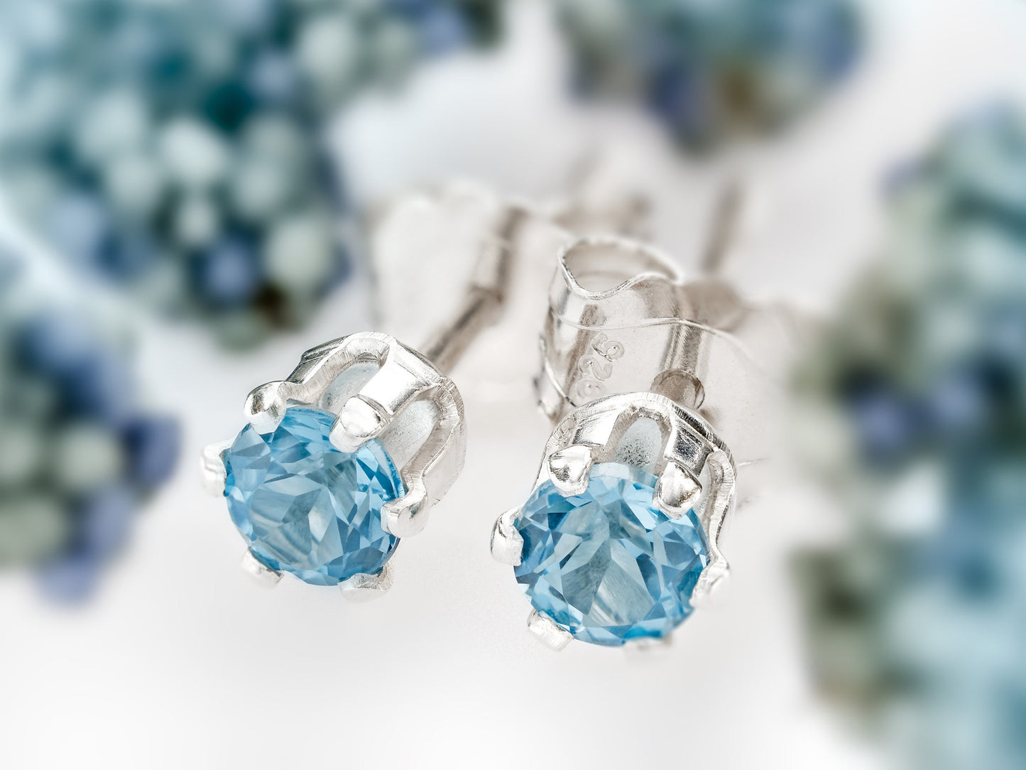 Wonderful Swiss Blue Topaz Earrings - 3mm Diamond Cut. Bright Gemstones. Sterling Silver, 6-Prong Studs.