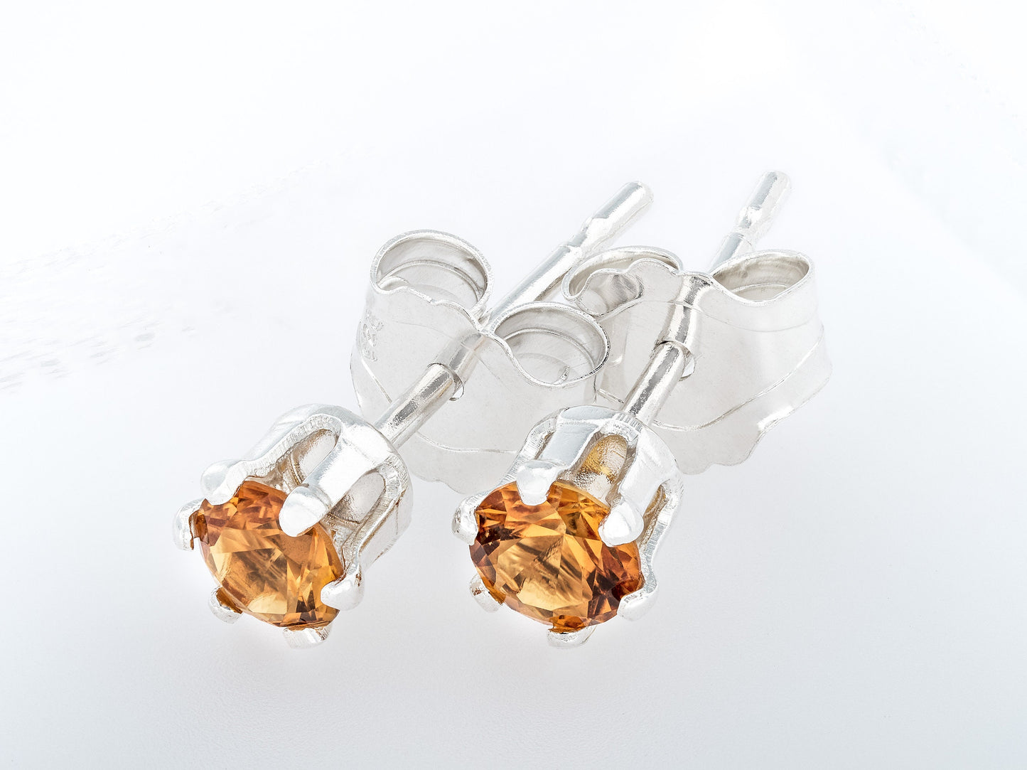 Golden Yellow - Orange  Citrine Earrings - 3mm Dia Cut.  Grade AAA. Sterling Silver, 6-Prong Studs.