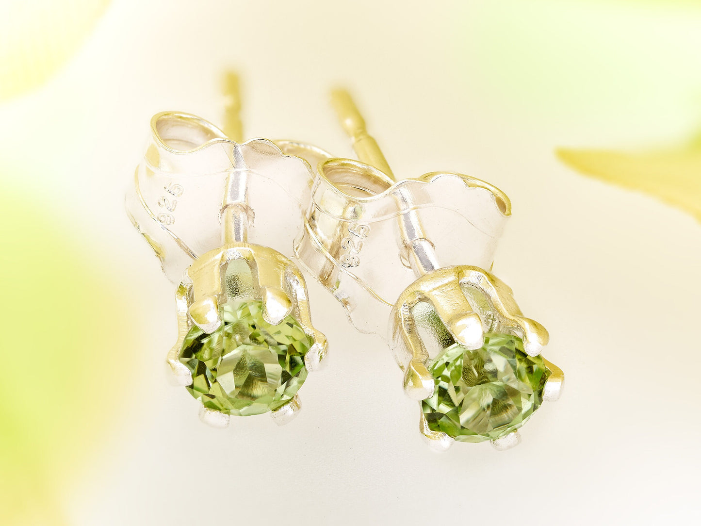 Genuine, Bright August Green Peridot Earrings. 3mm round, faceted. 6-Prong, Sterling Silver.