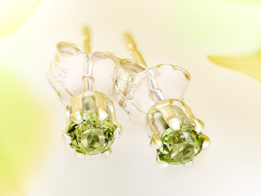 Genuine, Bright August Green Peridot Earrings. 3mm round, faceted. 6-Prong, Sterling Silver.